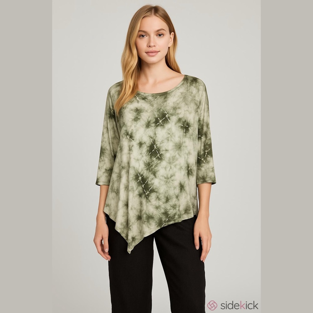NWT Te Verde Tie Dye Asymmetric Layered Tunic Top Size M Olive Green White